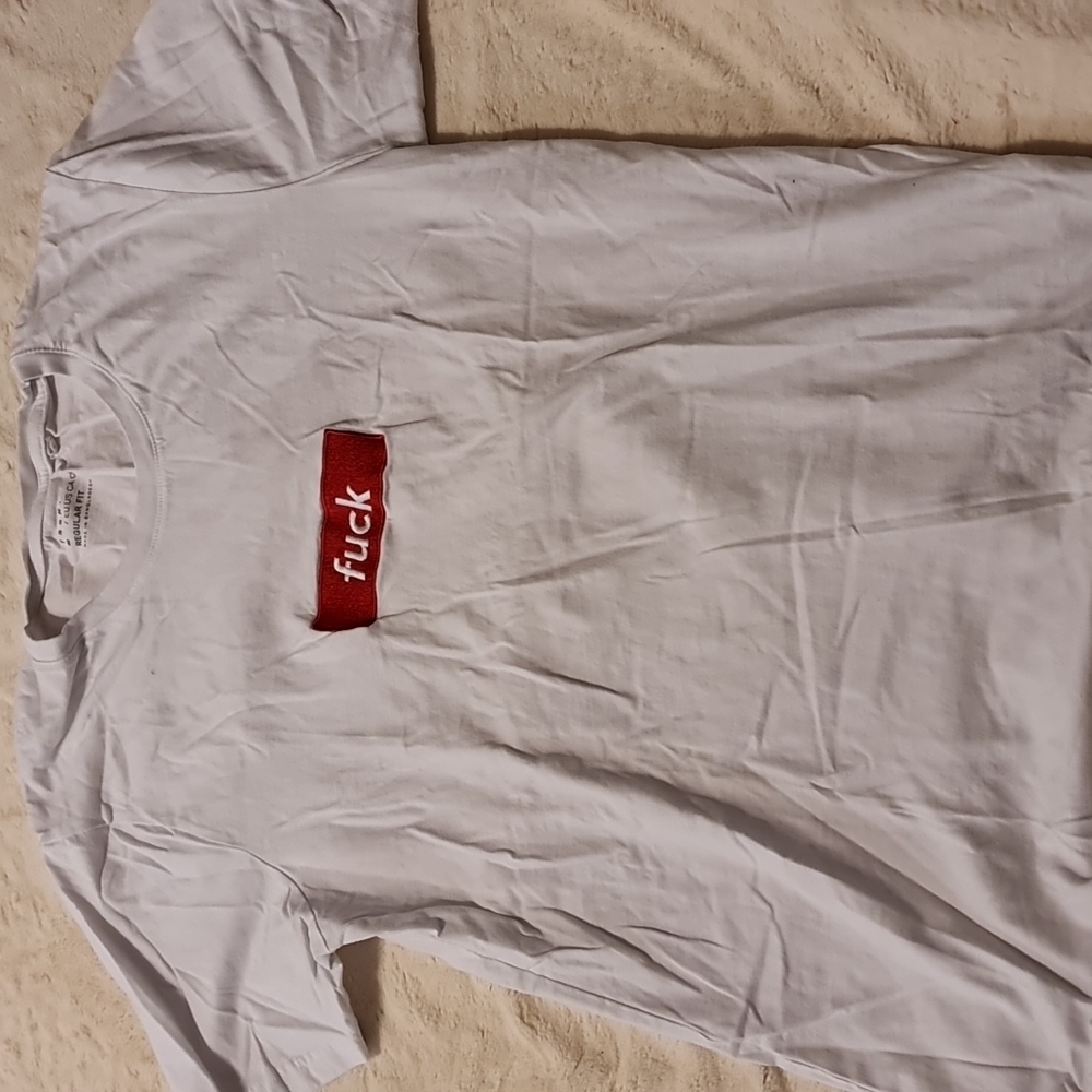 White t-shirt with choice word embroidery medium